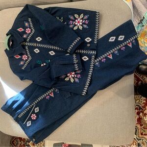 Johnny Was Dark Blue Floral Embroidered Set (Jacket/Pants)